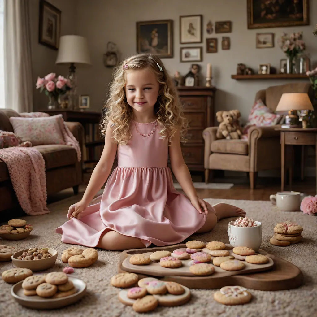 a little girl sitting on the floor surrounded by cookies and cookies on the floor, with a few cookies scattered around her, art photography, a photorealistic painting, Annabel Kidston, award - winning photography