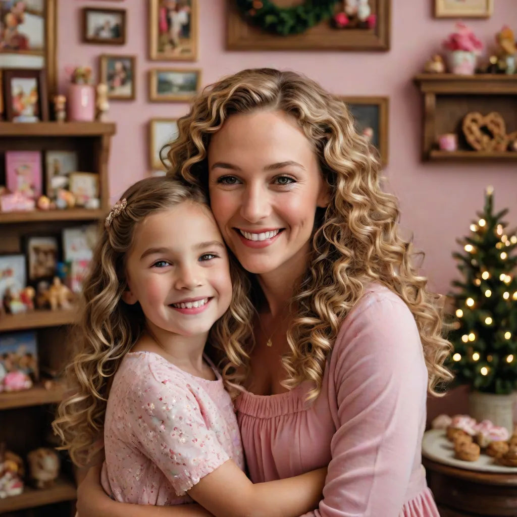 a woman and a little girl hugging each other in front of a christmas tree and a wall with pictures, remodernism, a digital rendering, Beatrice Huntington, promotional image