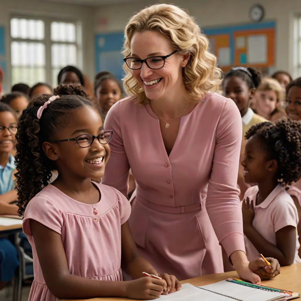 a woman and a girl in a classroom with a teacher smiling at the camera and a book on the desk, serial art, a poster, Ada Gladys Killins, promotional image
