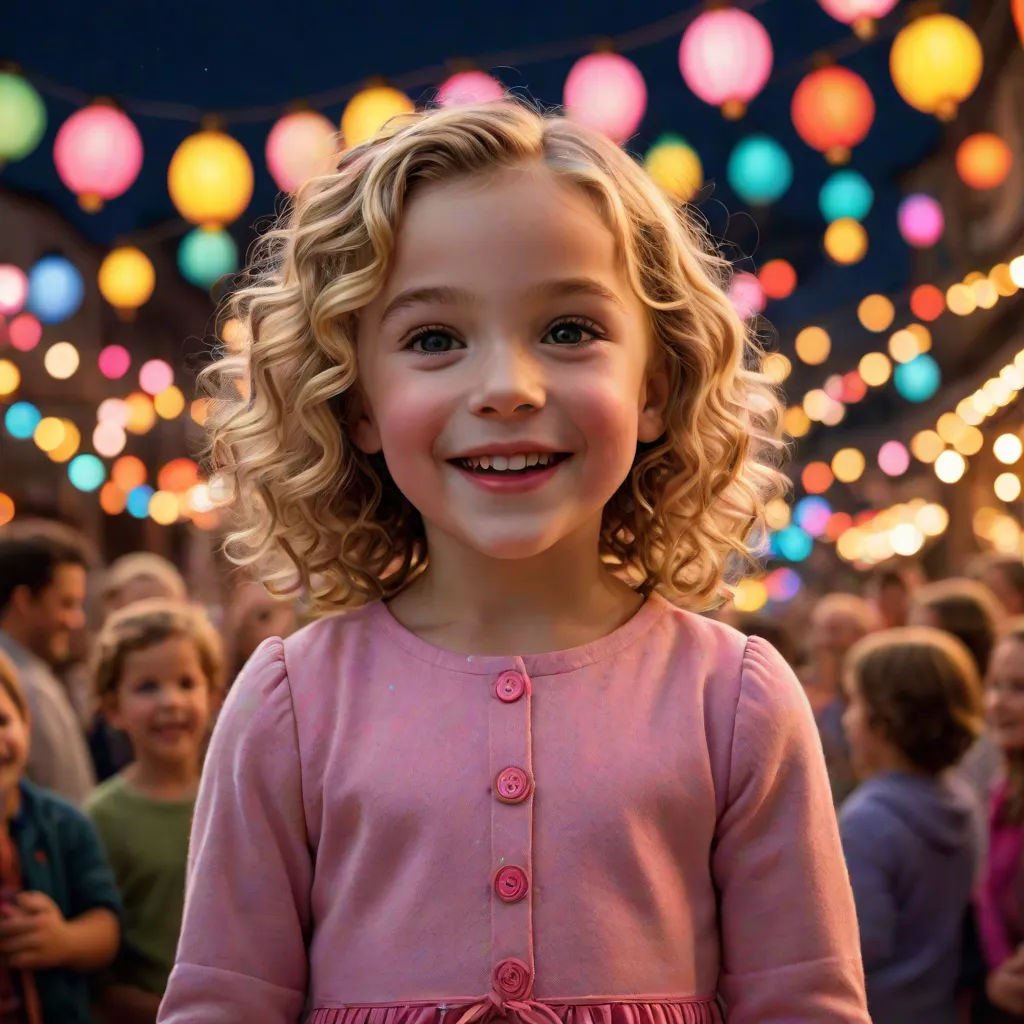 a little girl standing in front of a crowd of people with colorful lights in the background and a little girl smiling, photorealism, a stock photo, Celia Fiennes, cinematic photography