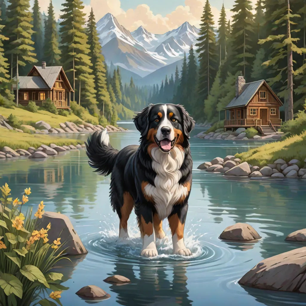 a dog standing in a river with a mountain background and a cabin in the background with a lake and trees, american scene painting, a storybook illustration, Chris LaBrooy, kinkade