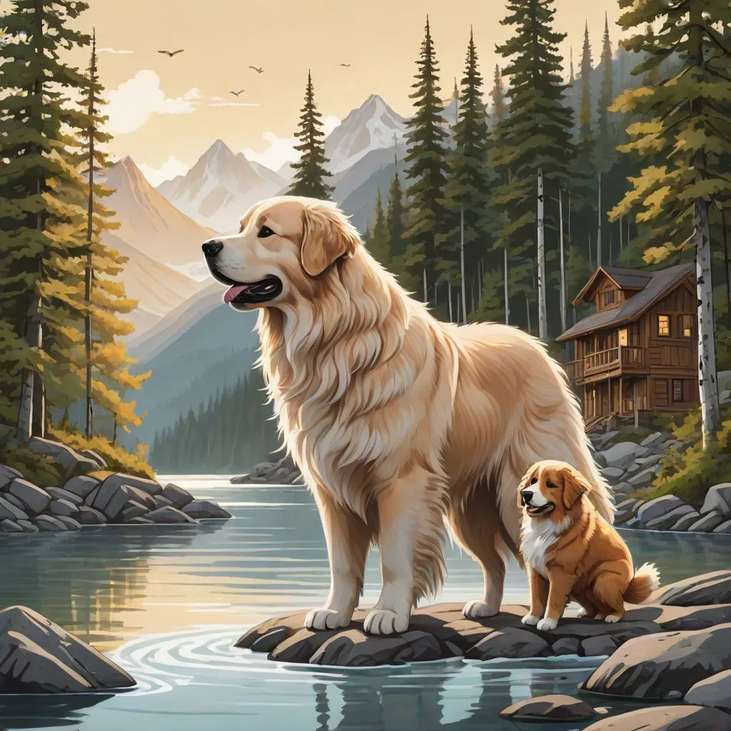 a dog and a dog sit on a rock in front of a lake and a cabin in the background, american scene painting, a fine art painting, Dan Mumford, official art