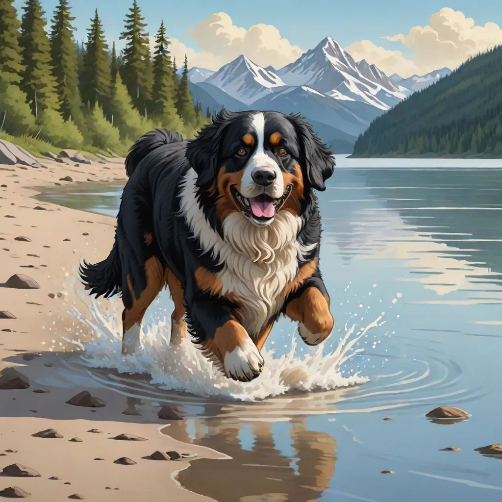 a dog running through a lake with mountains in the background and a forest in the background, with a blue sky and clouds, american scene painting, a digital painting, Christophe Vacher, highly detailed digital painting