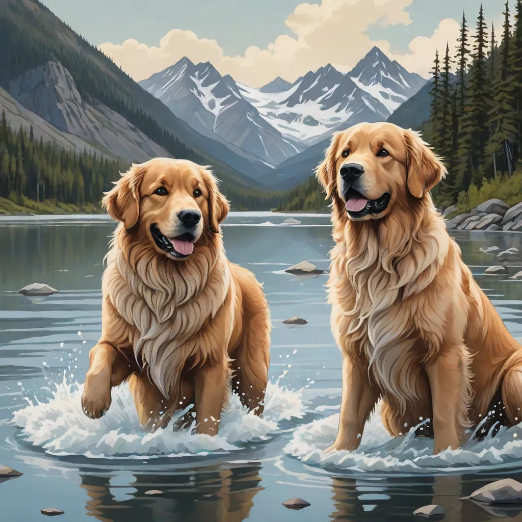 two dogs are sitting in the water near a mountain lake and trees, and one is panting at the camera, furry art, a fine art painting, Dan Mumford, highly detailed digital painting