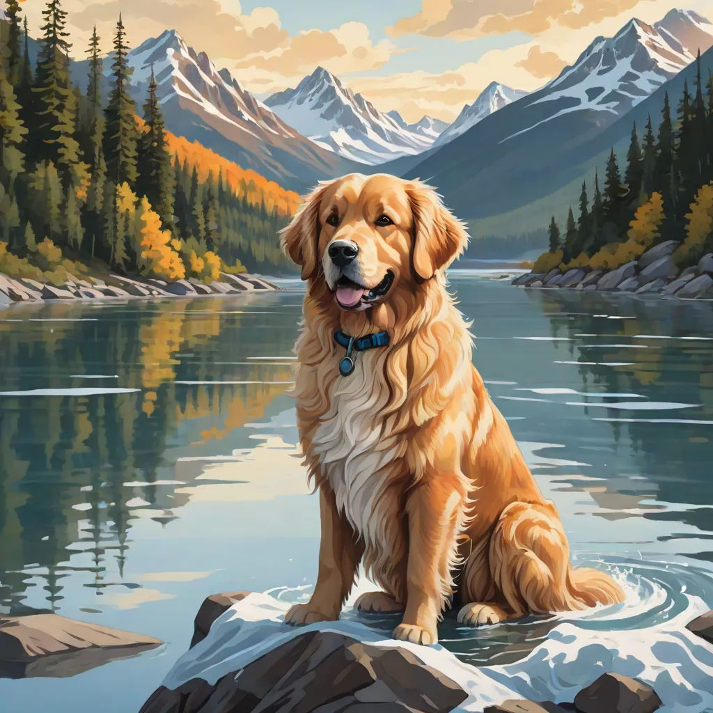 a painting of a golden retriever sitting on a rock in a lake with mountains in the background and a forest in the foreground, furry art, a fine art painting, Dan Mumford, highly detailed digital painting