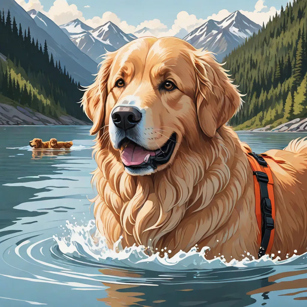 a dog is swimming in a lake with mountains in the background and a raft in the water with people floating on it, furry art, a storybook illustration, Dan Mumford, highly detailed digital painting