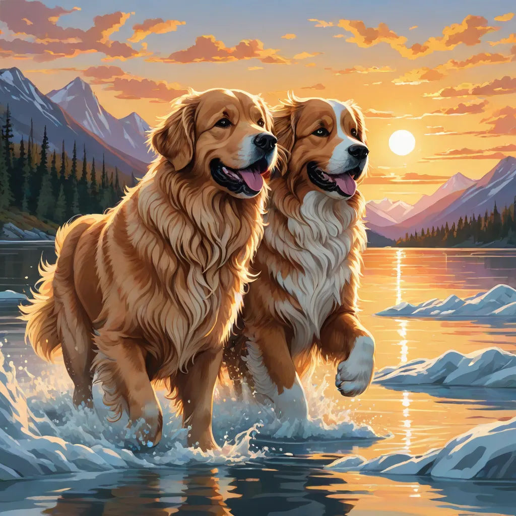 two dogs are running through the water at sunset or sunrise, with mountains in the background and a lake in the foreground, furry art, a fine art painting, Brothers Hildebrandt, highly detailed digital painting