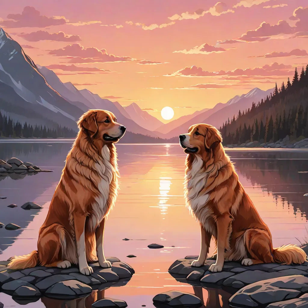 two dogs sitting on rocks near a lake at sunset with mountains in the background and a setting sun in the sky, furry art, a fine art painting, Brothers Hildebrandt, kinkade