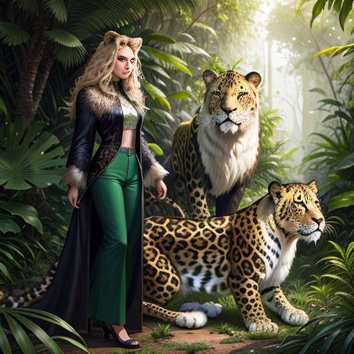 a woman standing next to a tiger and a leopard in a jungle setting with trees and plants behind her