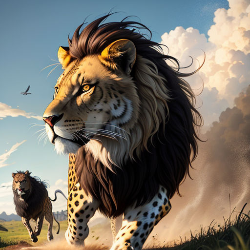 a lion and a lioness running in the grass together in a painting style, with a bird flying in the background