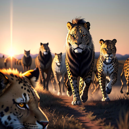 a group of cheetah and leopards running across a field at sunset or dawn with the sun shining