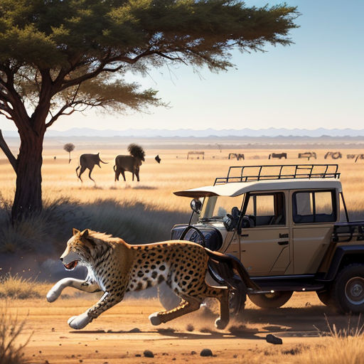 a car driving down a dirt road next to a cheetah and a jeep in the desert with other animals
