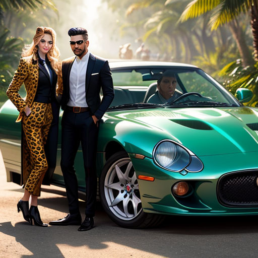 a man and a woman standing next to a green sports car in a tropical setting with palm trees and a man in a suit