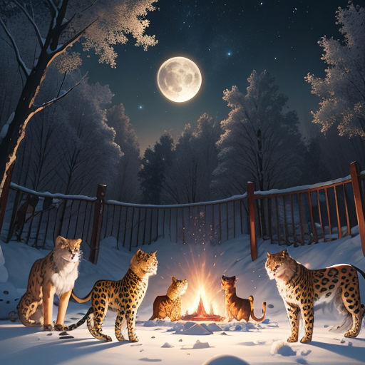 a group of cats sitting around a fire in the snow at night time with a full moon in the background