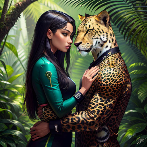 a woman hugging a leopard in a jungle with a tiger on her shoulder and a jungle background behind her