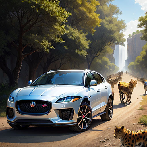 a white car driving down a road next to a forest filled with animals and a waterfall in the background