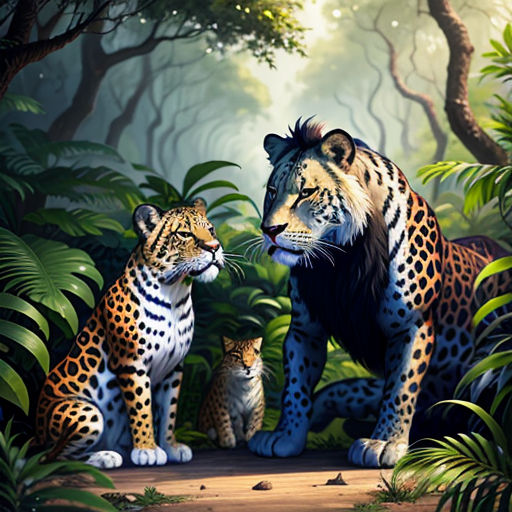 a painting of a mother and her two cubs in the jungle with a background of trees and foliage, with a sunlit forest