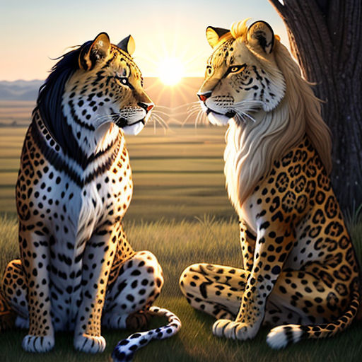 two cheetah sitting next to each other in the grass near a tree and a field with a sunset