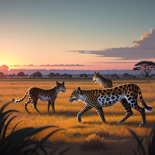 a couple of cheetah walking across a field at sunset with a zebra in the background and a giraffe in the foreground