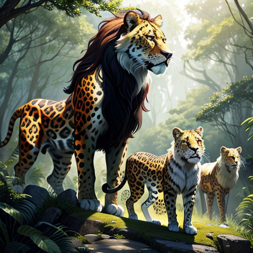 a painting of a lion and two cubs in the jungle with trees and bushes in the background, with sunlight streaming through the trees