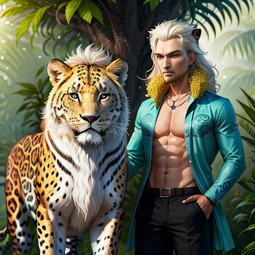 a man standing next to a tiger in a jungle with trees and plants behind him, with a green jacket on