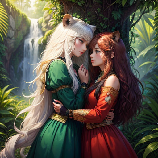 two women in dresses hugging in front of a waterfall and forest scene with a cat on her head and a wolf on her shoulder