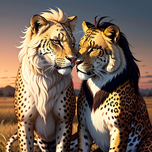 two cheetah sitting next to each other on a field of grass with a sunset in the background