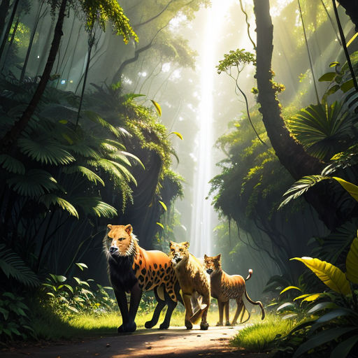 a group of animals walking down a dirt road in a forest filled with trees and plants, with a bright beam of light coming from the top of the trees