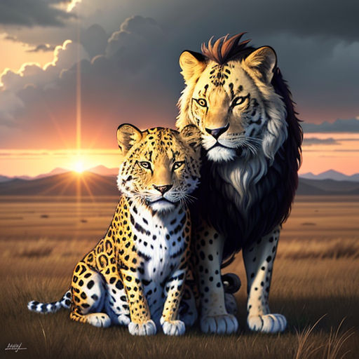 a painting of two lions sitting on a field at sunset with a mountain in the background and a cloudy sky