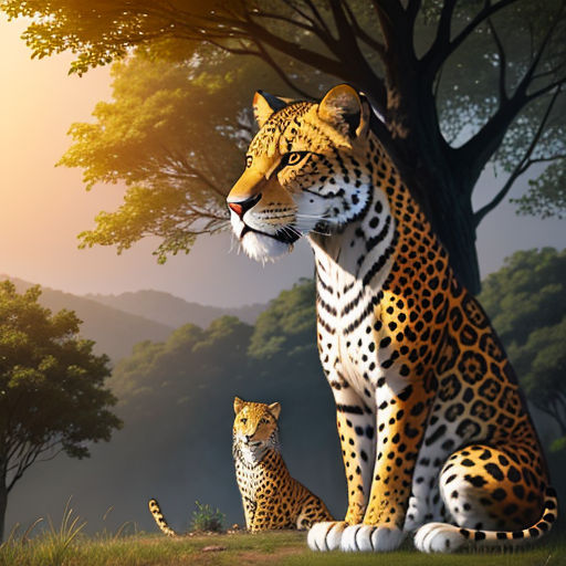 a painting of a mother and baby leopard sitting in the grass under a tree with a sunset in the background