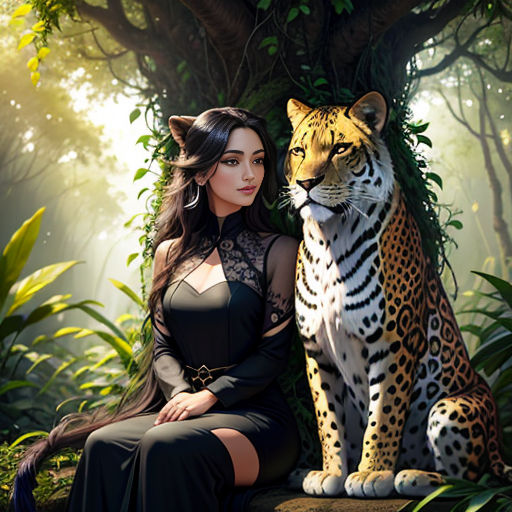 a woman sitting next to a large tiger in a forest with trees and bushes behind her, with a leopard statue behind her
