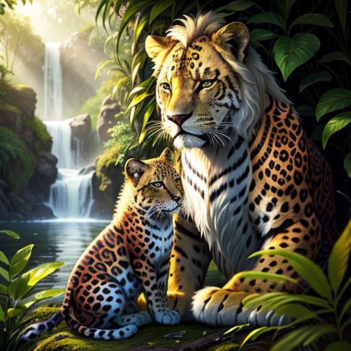 a painting of two tigers sitting in the jungle by a waterfall with a waterfall in the background and a waterfall in the background