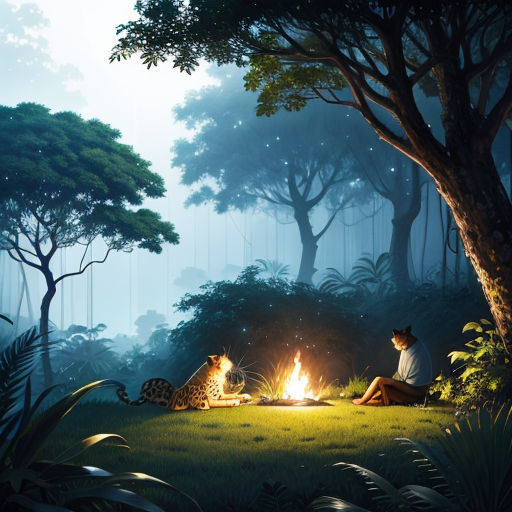a man sitting in the forest with a cat and a fire in the middle of the forest, with a forest background