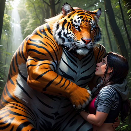 a woman hugging a giant tiger in the woods with a forest background and sunlight streaming through the trees behind her