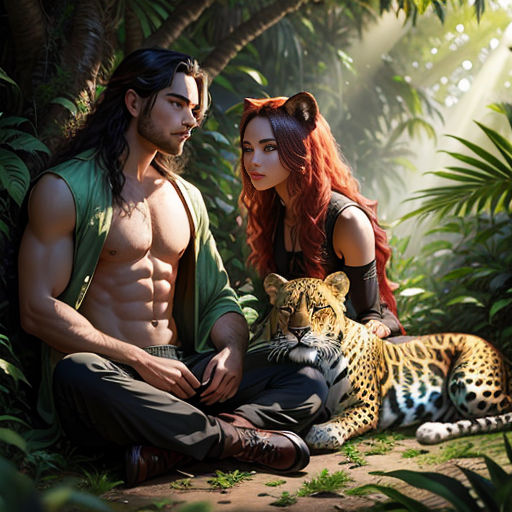 a man and a woman sitting in the jungle with a tiger on their lap and a tiger on their lap