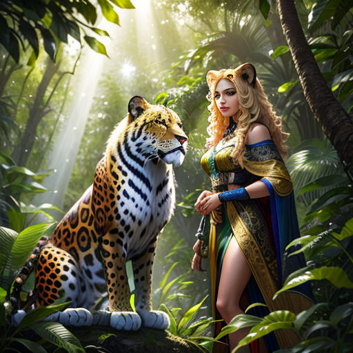 a woman in a costume standing next to a tiger in the jungle with a tiger on her shoulder and a tiger on her shoulder