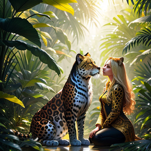 a woman sitting next to a leopard in a jungle with a cat on her lap and a cat on her lap