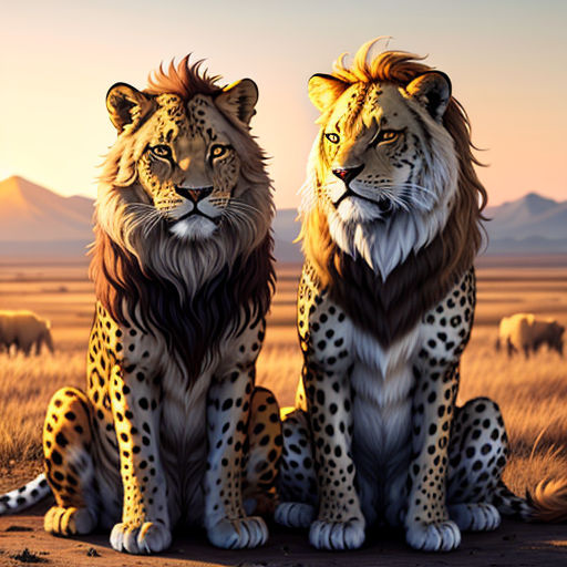 two lions sitting on a field with a herd of animals in the background at sunset or dawn, with a distant mountain range in the distance