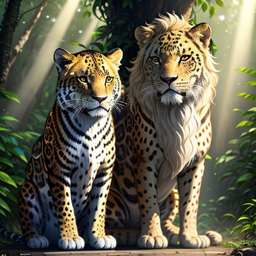 two leopards sitting in the middle of a jungle with sunlight streaming through the trees and leaves on the ground