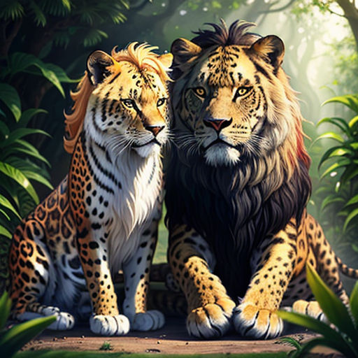 two tigers sitting next to each other in the jungle with trees and bushes behind them, one of them is facing the other