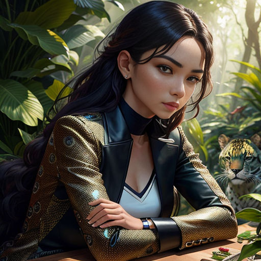 a woman sitting at a table in a jungle with a cat on it's lap and a tiger in the background