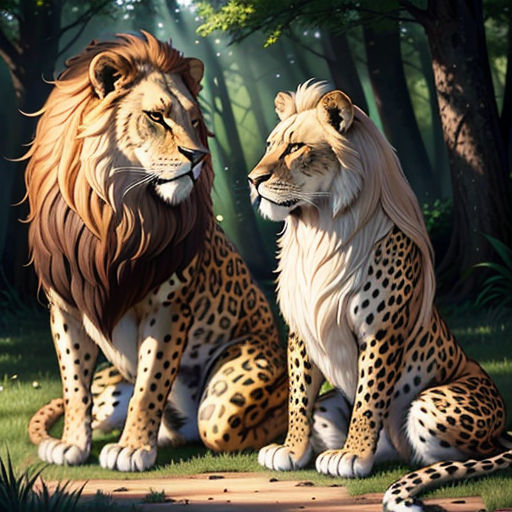 two lions sitting in the grass near trees and grass with sunlight coming through the trees behind them, one of them has a long mane