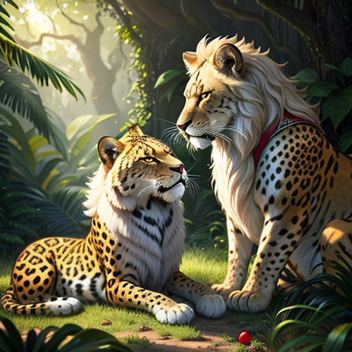 a painting of two lions sitting in the jungle together, one is looking at the other one's face