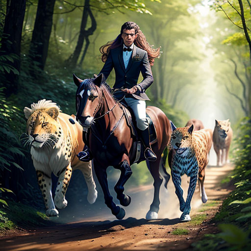 a woman riding a horse with two cats on the back of it and a man on a horse with a leopard on the back