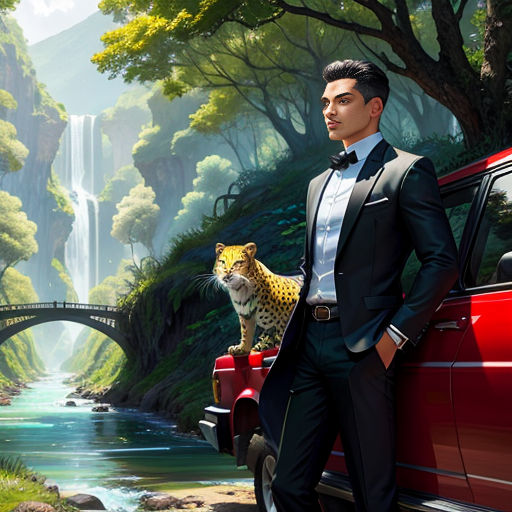 a man in a suit standing next to a car with a tiger on the hood of it and a waterfall in the background