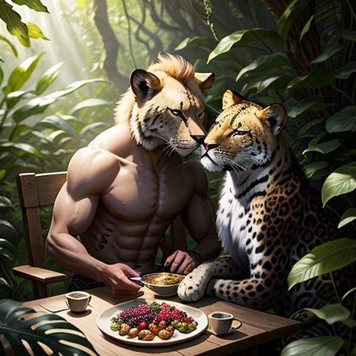 a man and a tiger are sitting at a table eating together in the jungle, with a plate of food on the table