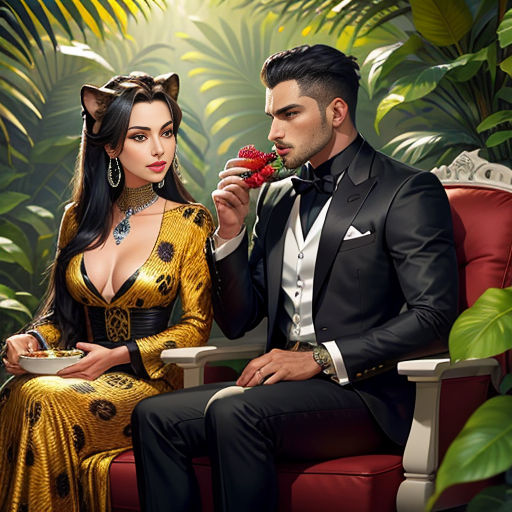 a man and woman sitting on a red chair eating food together in a jungle setting with a cat on his head
