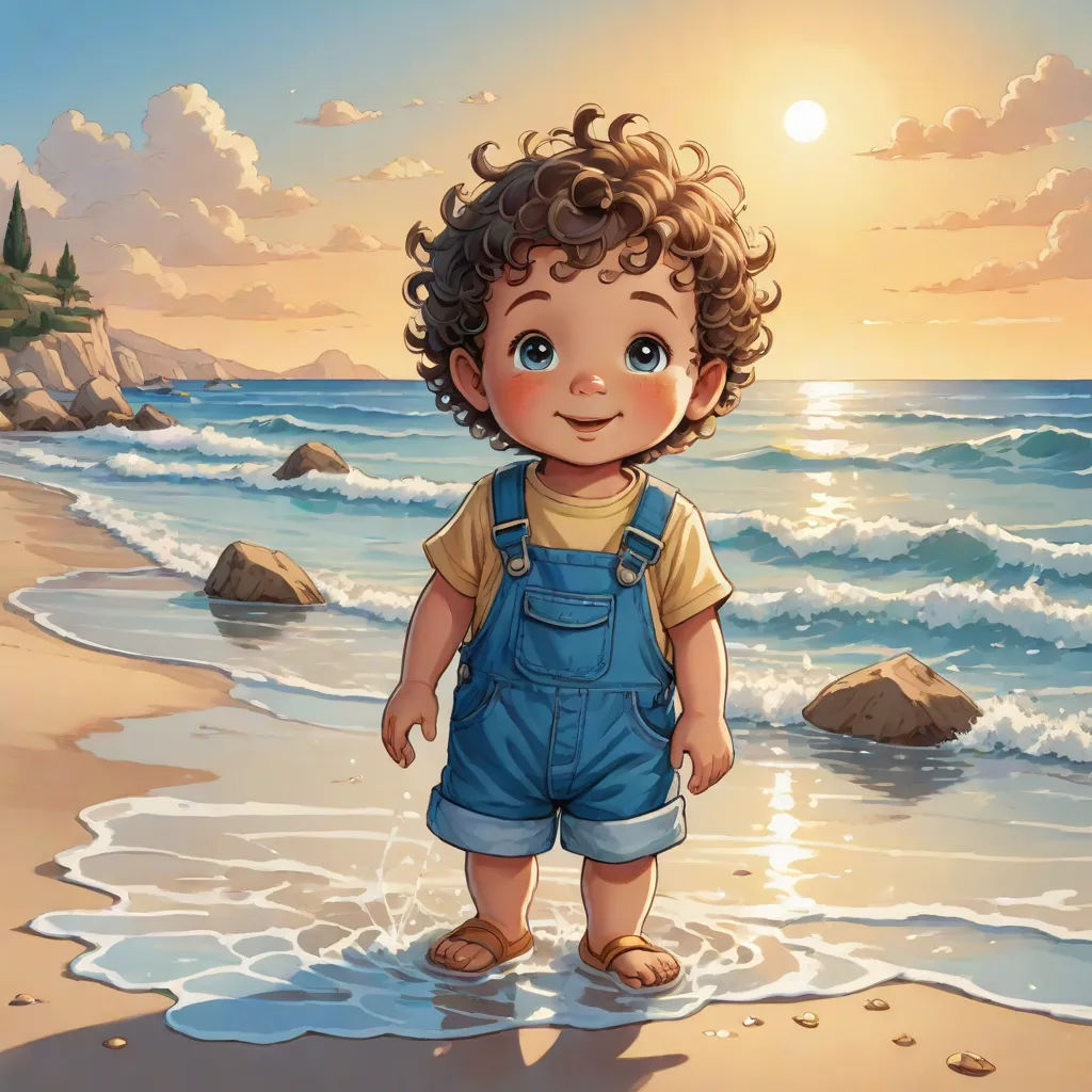 a cartoon boy standing on a beach next to the ocean with a sunset in the background and a castle in the background, american scene painting, an ultrafine detailed painting, Aaron Jasinski, stanley artgerm lau