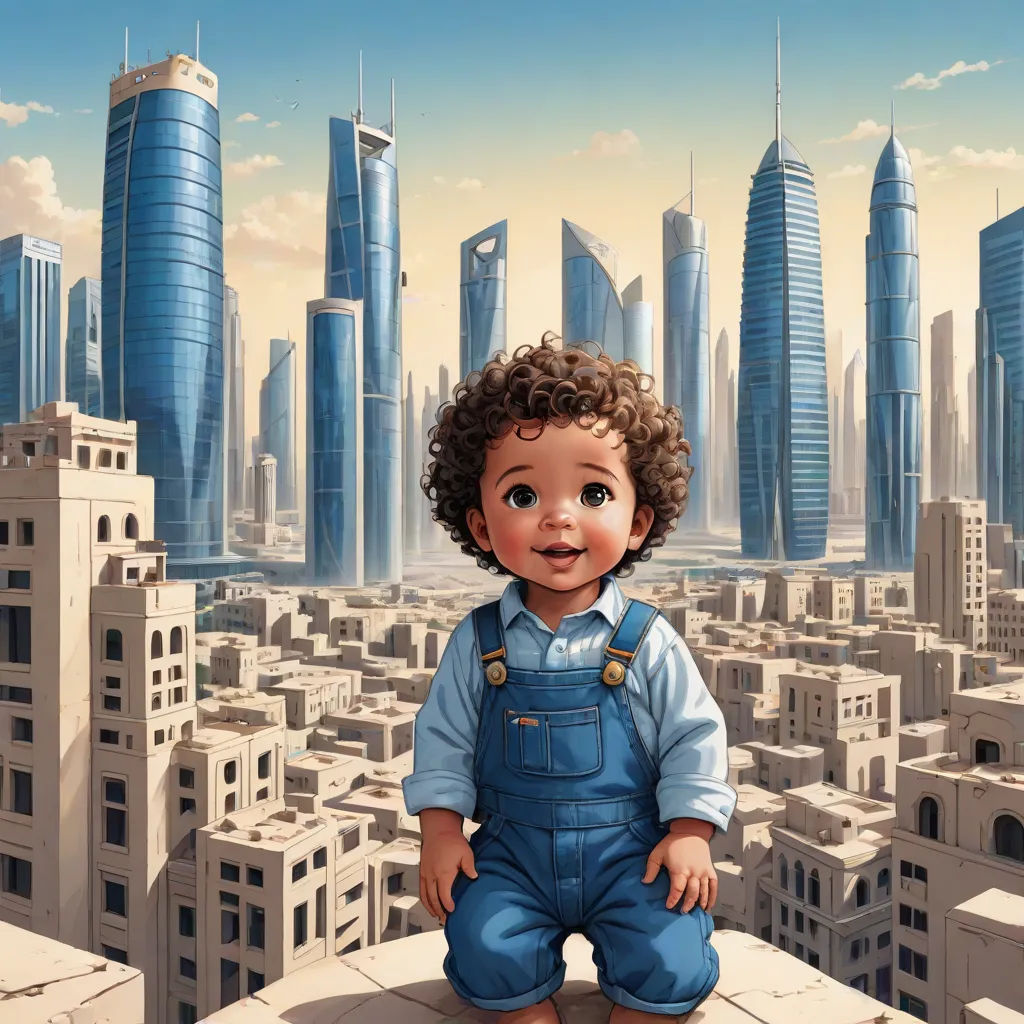 a painting of a baby sitting on a ledge in front of a cityscape with skyscrapers in the background, afrofuturism, a detailed matte painting, Chris LaBrooy, highly detailed digital painting
