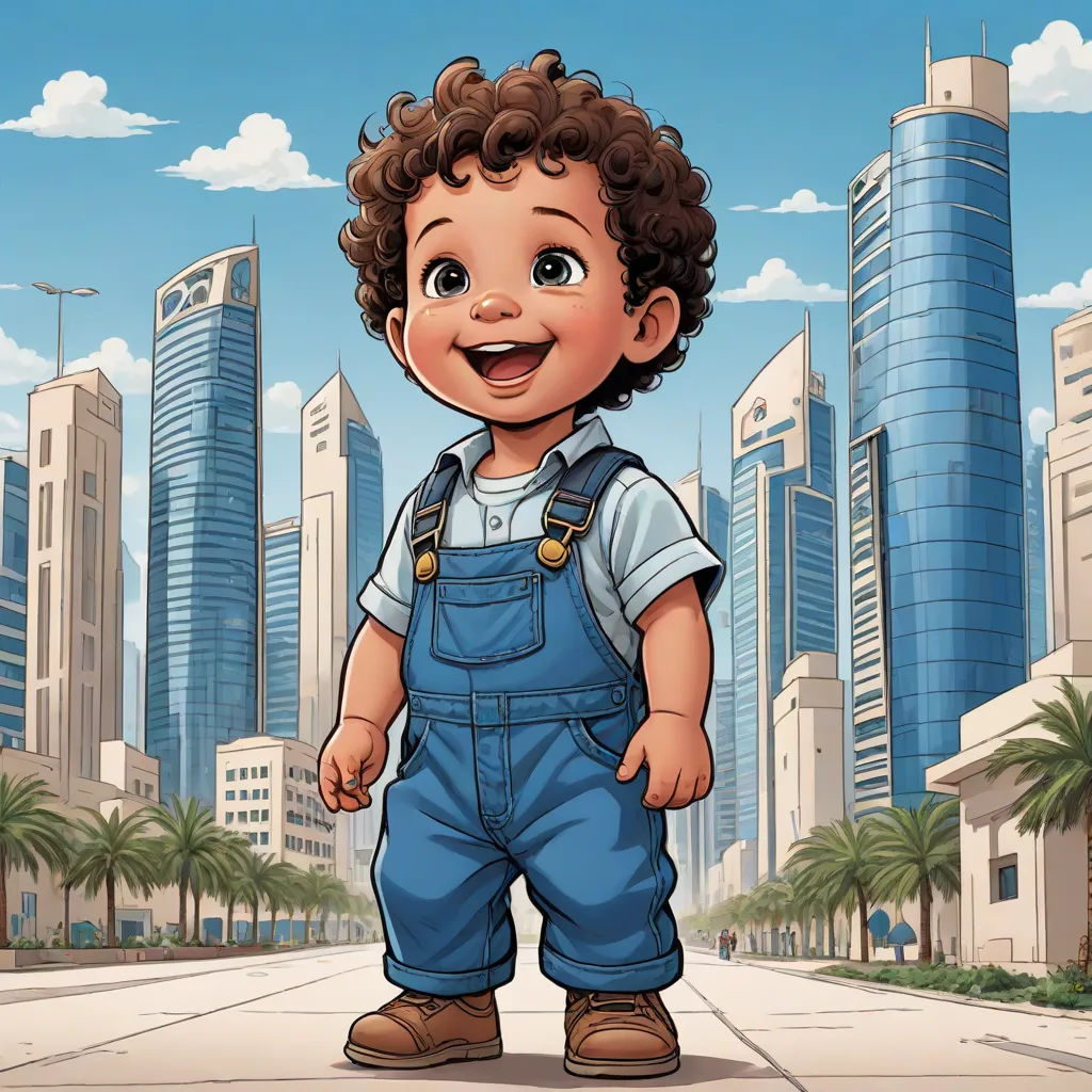 a cartoon boy standing in front of a cityscape with skyscrapers in the background and a building in the foreground, neoism, a comic book panel, Altoon Sultan, comic cover art